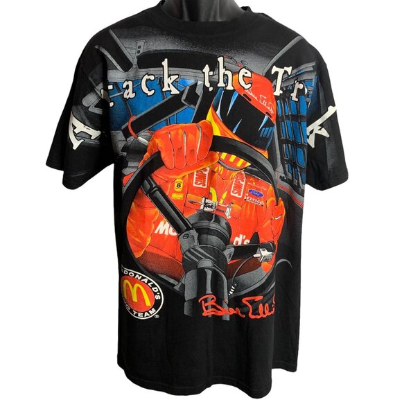 Vintage 1998 Bill Elliot Crewneck T Shirt L Black AOP Attack the Track McDonalds - Picture 1 of 9